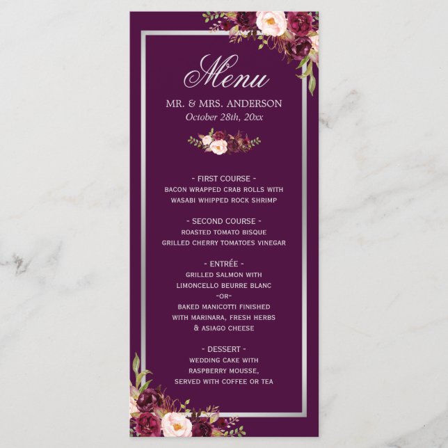 Plum Purple Floral Silver Grey Wedding Menu Card (Front)