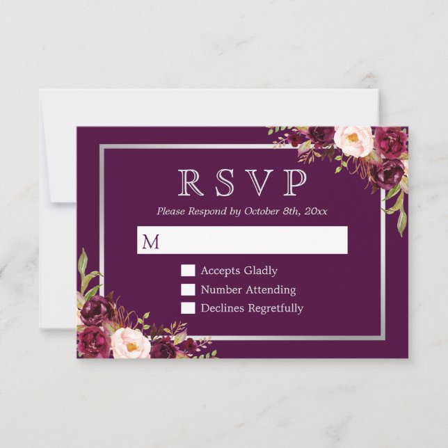 Plum Purple Floral Silver Grey Wedding RSVP (Front)