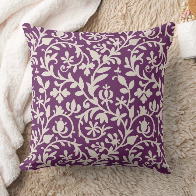 Plum Purple Floral Vines Patten Cushion (Blanket)