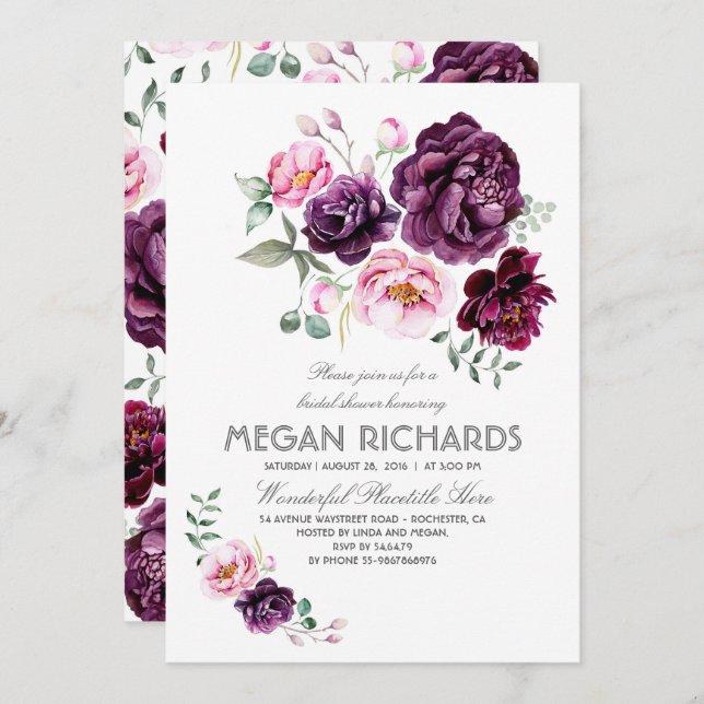 Plum Purple Floral Watercolor Boho Bridal Shower Invitation (Front/Back)