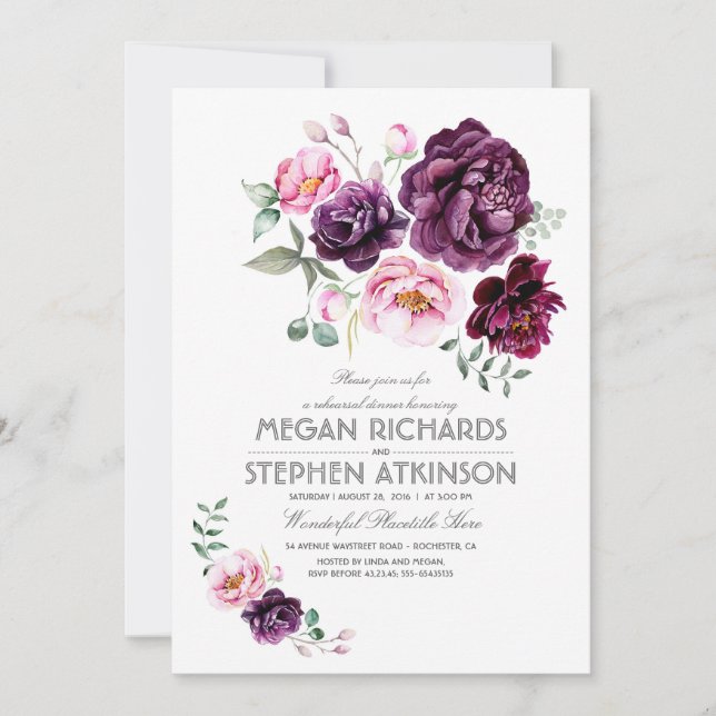 Plum Purple Floral Watercolor Rehearsal Dinner Invitation (Front)