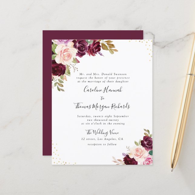 plum purple floral wedding invitation (Front/Back In Situ)