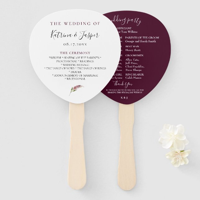 Plum Purple Floral Wedding Program Hand Fans (Front and Back)