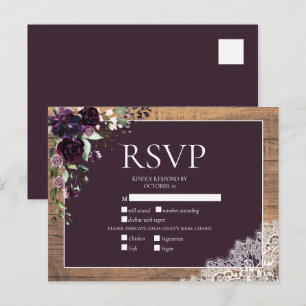 Plum Purple Floral Wood Lace Rustic Wedding RSVP Invitation Postcard