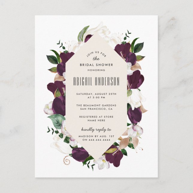 Plum Purple Floral Wreath Bridal Shower Invitation Postcard (Front)