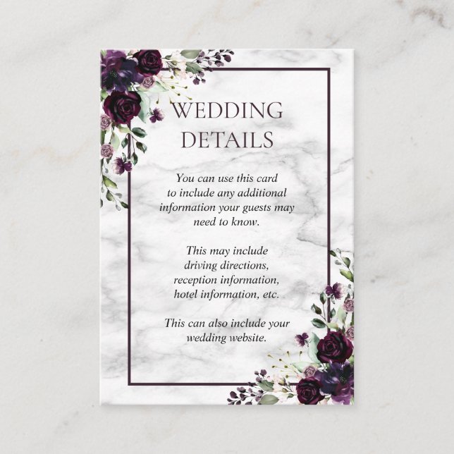 Plum Purple Flower Marble Fall Wedding Details Enclosure Card (Front)