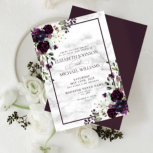 Plum Purple Flower Watercolor Marble Fall Wedding Invitation