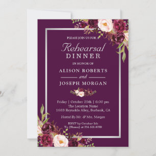 Plum Purple Flowers Chic Wedding Rehearsal Dinner Invitation