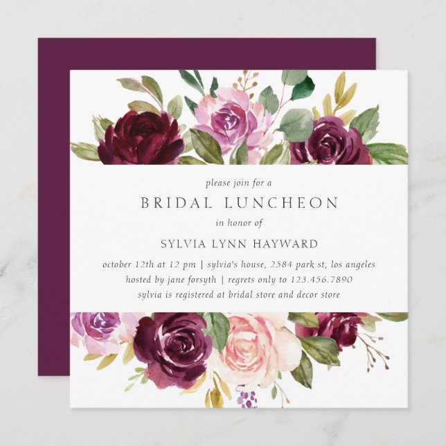 Plum Purple Flowers Fall Floral Bridal Luncheon Invitation (Front/Back)