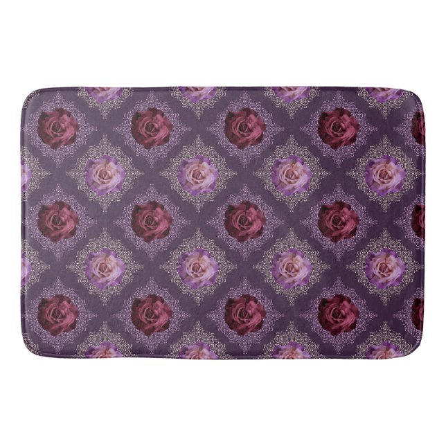 PLUM & PURPLE FLOWERS IN DIAMOND PATTERN BATH MAT (Front)