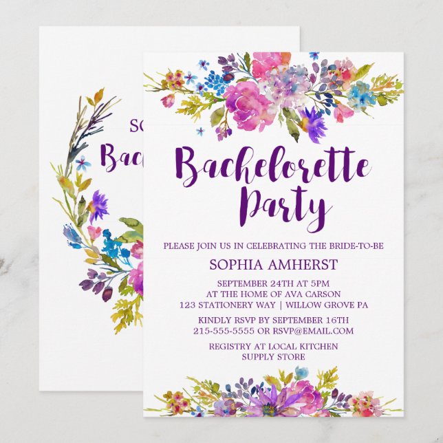 Plum Purple Garden Bachelorette Party Invitation (Front/Back)