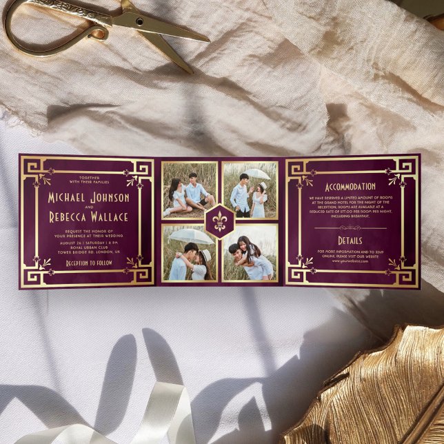 Plum Purple Gold Art Deco Photo Collage Wedding Tri-Fold Invitation (Creator Uploaded)