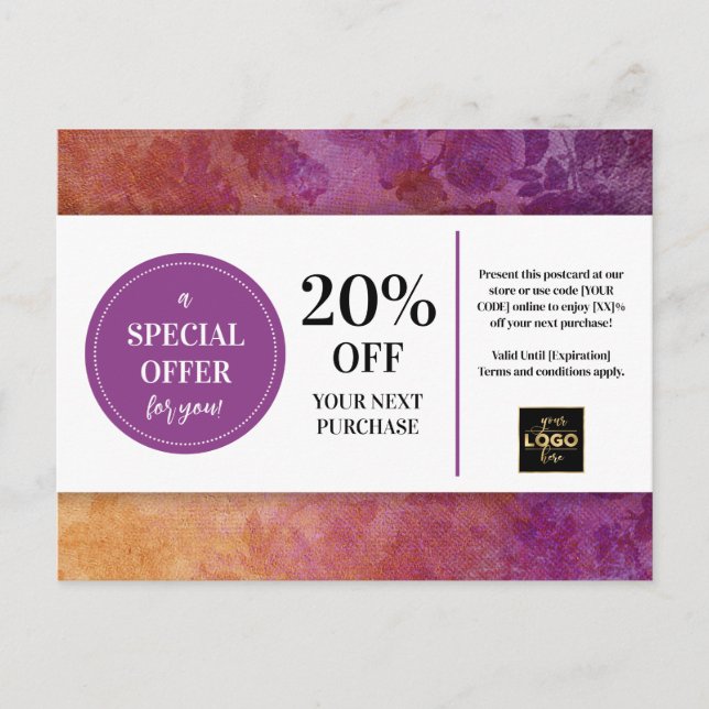 Plum Purple Gold Custom Coupon Discount Postcard (Front)