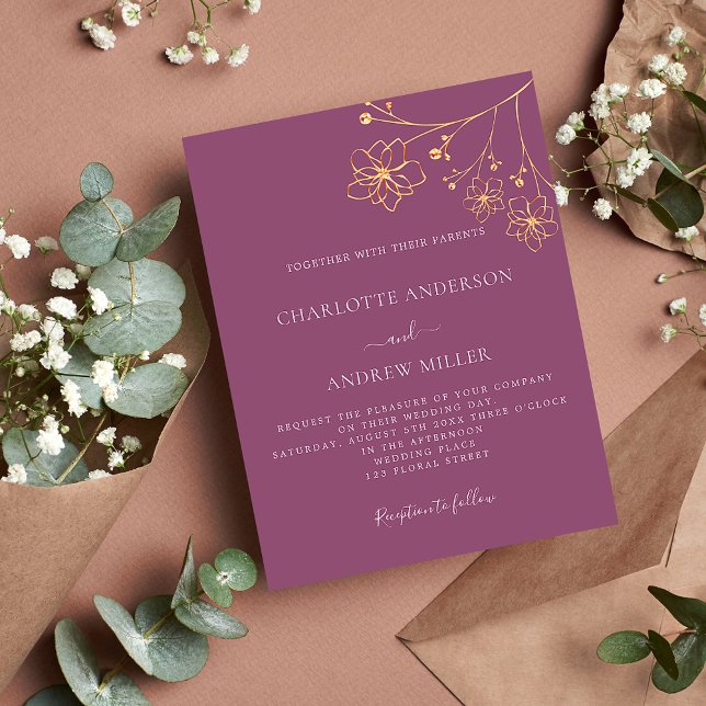Plum purple gold floral budget wedding invitation (Creator Uploaded)