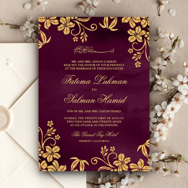 Plum Purple Gold Floral Islamic Muslim Wedding Invitation (Creator Uploaded)