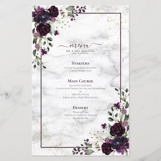 Plum Purple Gold Floral Watercolor Marble Wedding (Front)