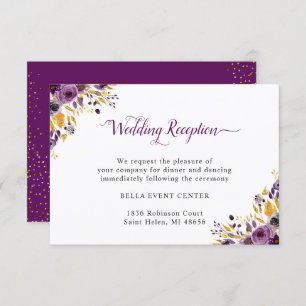 Plum Purple Gold Floral Wedding Reception Details Invitation