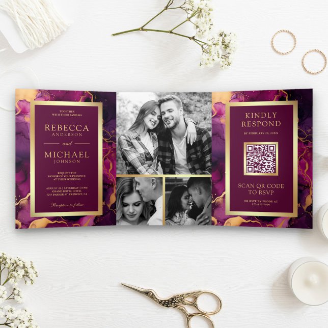Plum Purple Gold Fluid Ink QR Code Wedding Tri-Fold Invitation (Creator Uploaded)