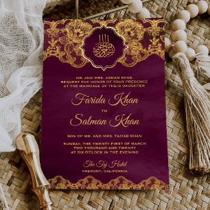 Plum Purple Gold Foil Lace Islamic Muslim Wedding Invitation