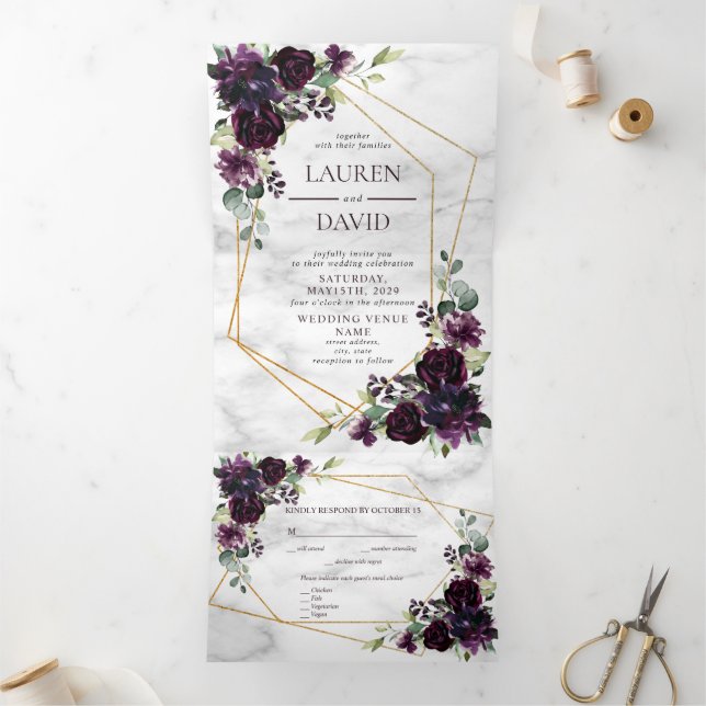 Plum Purple Gold Geometric Marble Photo Tri-Fold Invitation (Inside)