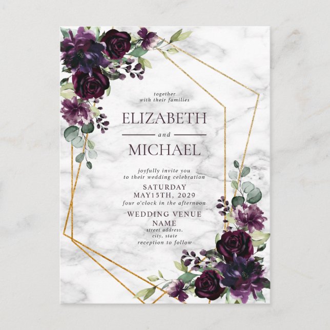 Plum Purple Gold Geometric Marble Postcard Wedding (Front)