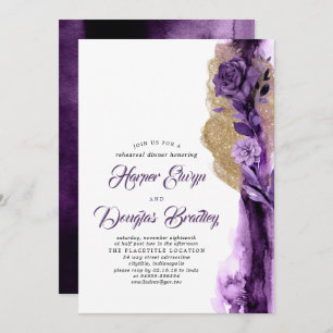 Plum Purple & Gold Glitter Floral Rehearsal Dinner Invitation