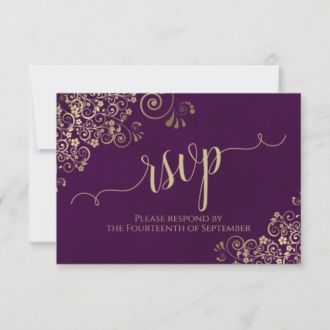Plum Purple Gold Lace Elegant Calligraphy Wedding RSVP Card (Front)