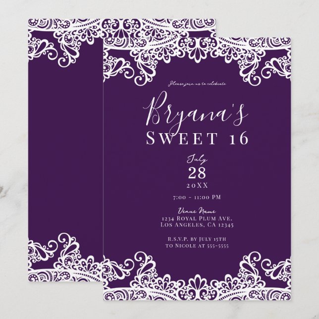 Plum Purple & Gold Lace Elegant Sweet 16 Party   Invitation (Front/Back)