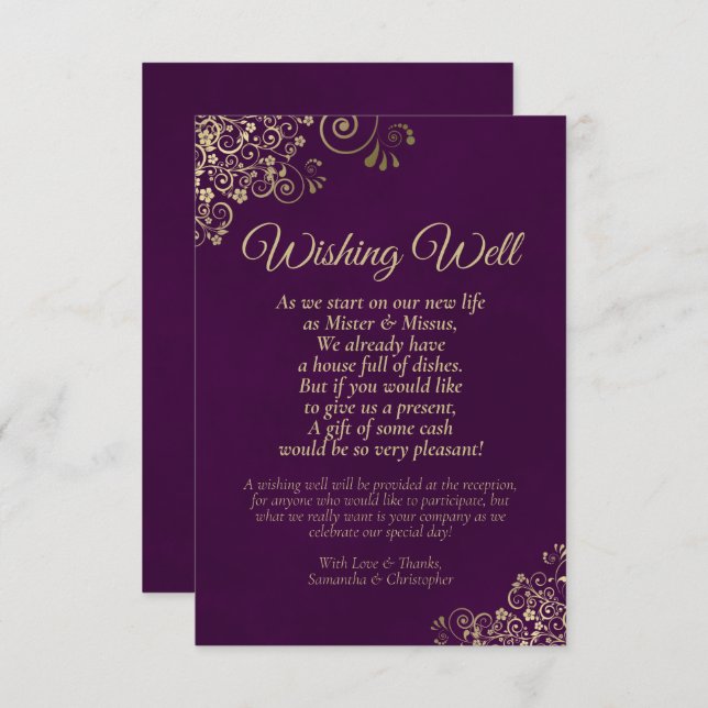 Plum Purple & Gold Lace Wedding Wishing Well Poem Enclosure Card (Front/Back)
