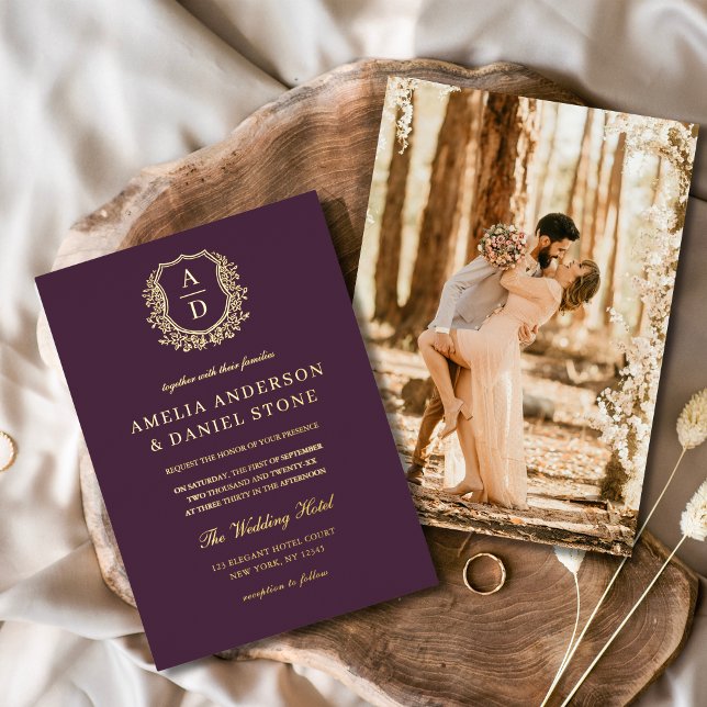 Plum Purple Gold Leafy Crest Photo Wedding  (Creator Uploaded)