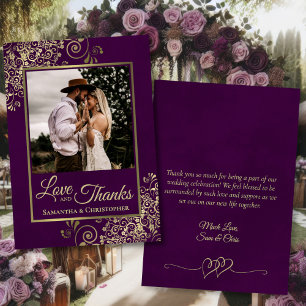 Plum Purple & Gold Love Thanks Note Wedding Photo Thank You Card