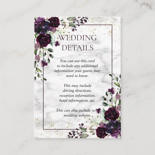 Plum Purple Gold Marble Floral Wedding Details Enclosure Card (Front)