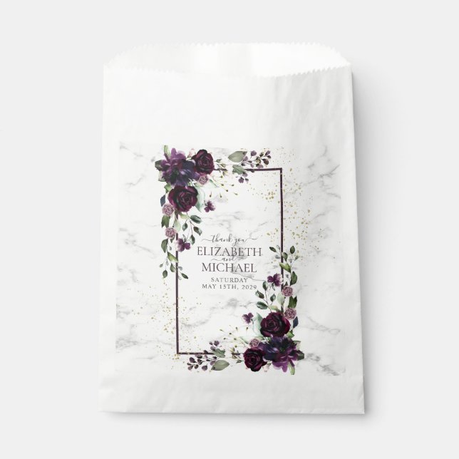 Plum Purple Gold Marble Watercolor Fall Wedding Favour Bag (Front)