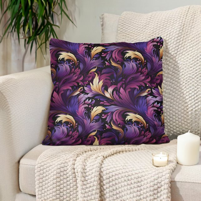 Plum Purple Gold Ornate Baroque  Cushion (Deep plum purple and gold baroque-style luxury decorator pillow)