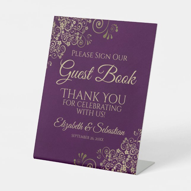 Plum Purple & Gold Please Sign our Guest Book Sign (Front)