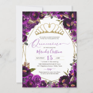 Plum Purple Gold Watercolor Floral Quinceañera Invitation