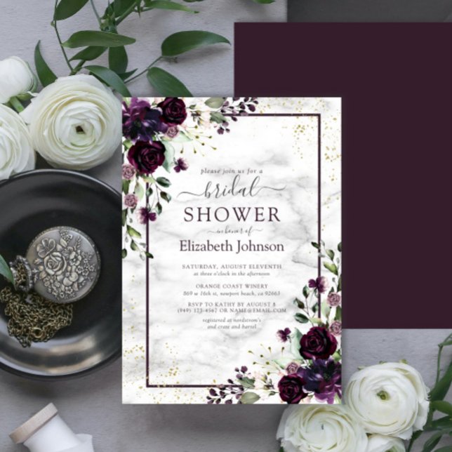 Plum Purple Gold Watercolor Marble Bridal Shower Invitation (Creator Uploaded)