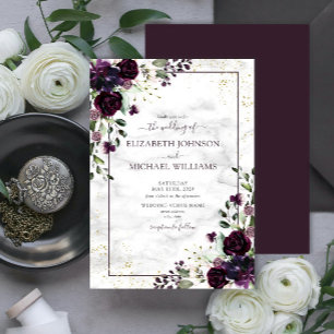 Plum Purple Gold Watercolor Marble Fall Wedding In Invitation