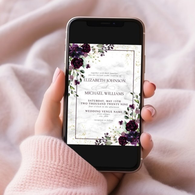 Plum Purple Gold Watercolor Marble Fall Wedding In Invitation (Creator Uploaded)