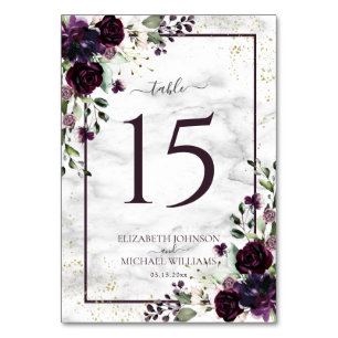 Plum Purple Gold Watercolor Marble Photo Wedding Table Number