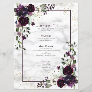 Plum Purple Gold Watercolor Marble Wedding Menu