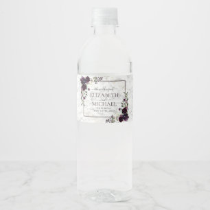 Plum Purple Gold Watercolor Marble Wedding Water Bottle Label
