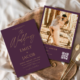 Plum Purple Gold Wedding QR Code Photo Script Invitation