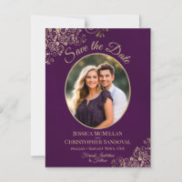 Plum Purple & Gold Wedding Save Date Oval Photo