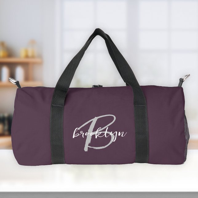 Plum Purple Grey White Script Monogram  Duffle Bag (Creator Uploaded)