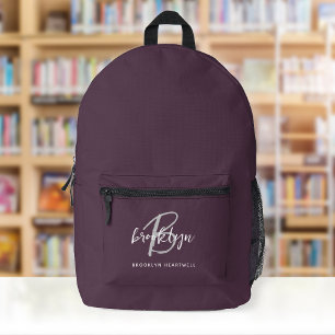 Plum Purple Grey White Script Monogram Name Printed Backpack