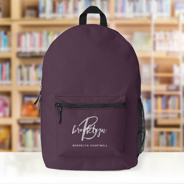 Plum Purple Grey White Script Monogram Name Printed Backpack (Creator Uploaded)