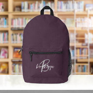 Plum Purple Grey White Script Monogram  Printed Backpack