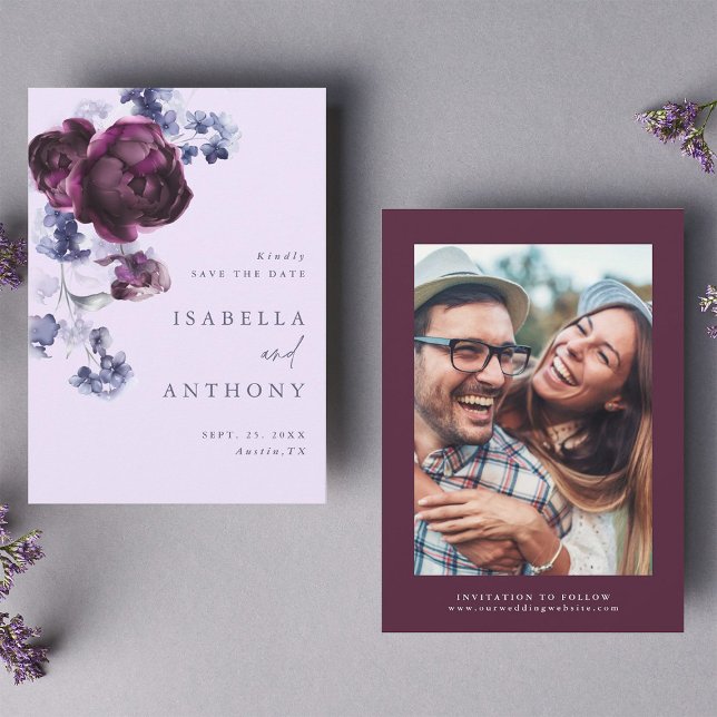 Plum Purple & Indigo Blue Elegant Floral Wedding Save The Date (Front & Back)