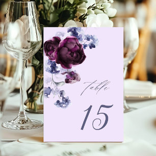Plum Purple & Indigo Blue Elegant Floral Wedding Table Number